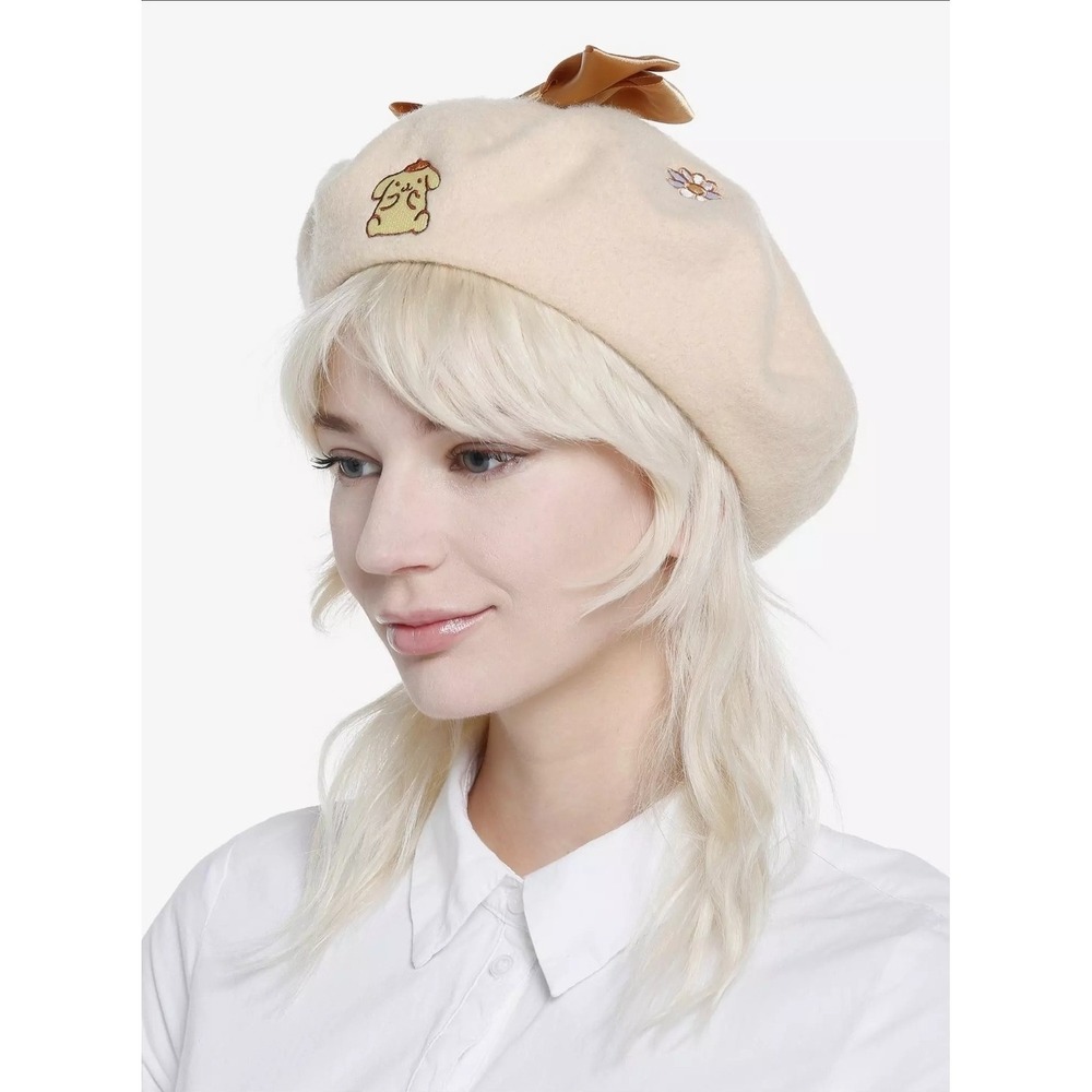 Hot Topic Bioworld Pompompurin Bow Daisy Embroidered Beret Wool Blend Kawaii